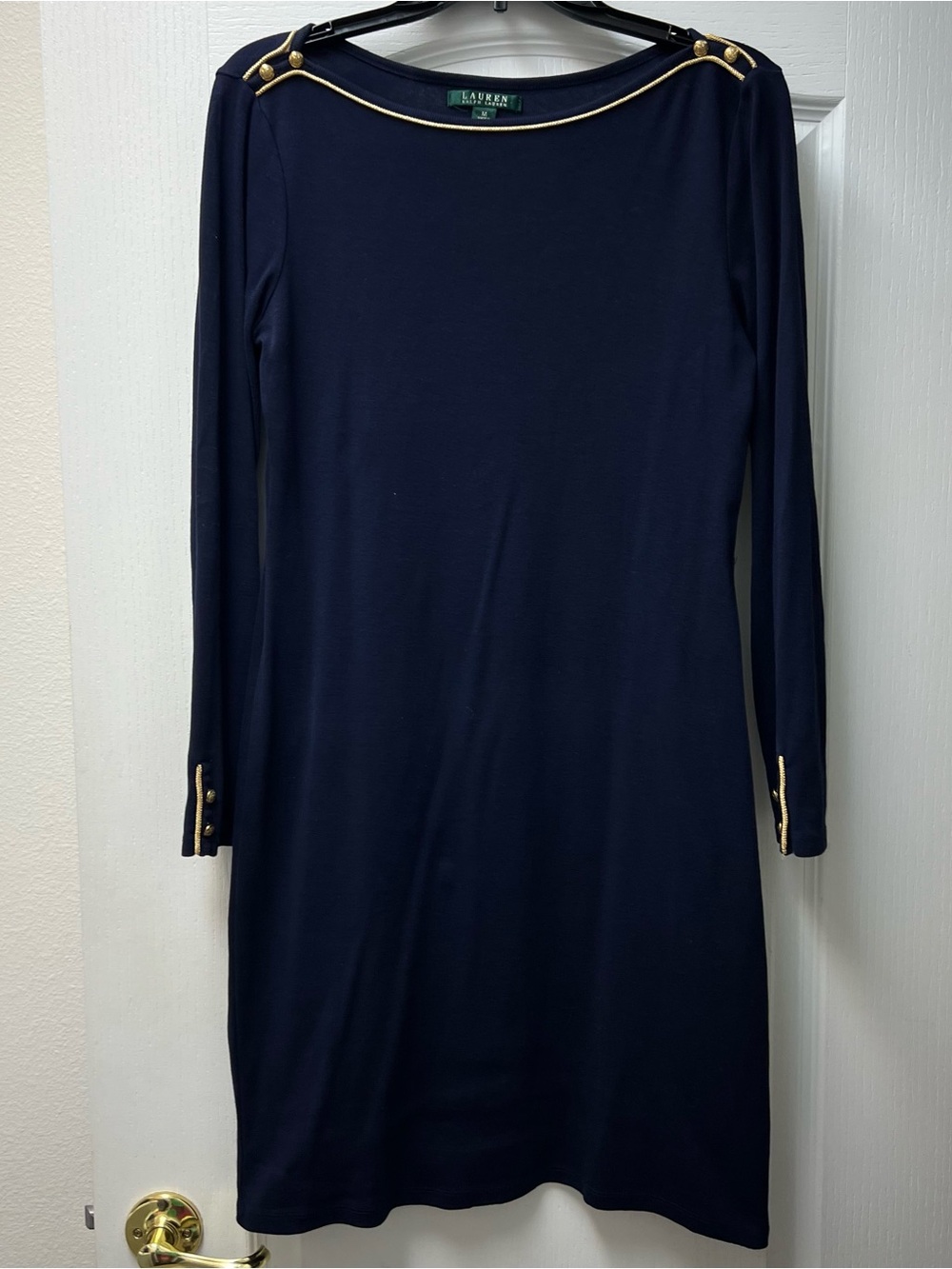 Lauren Ralph Lauren Midi Blue with Gold Trim Dress Sz M